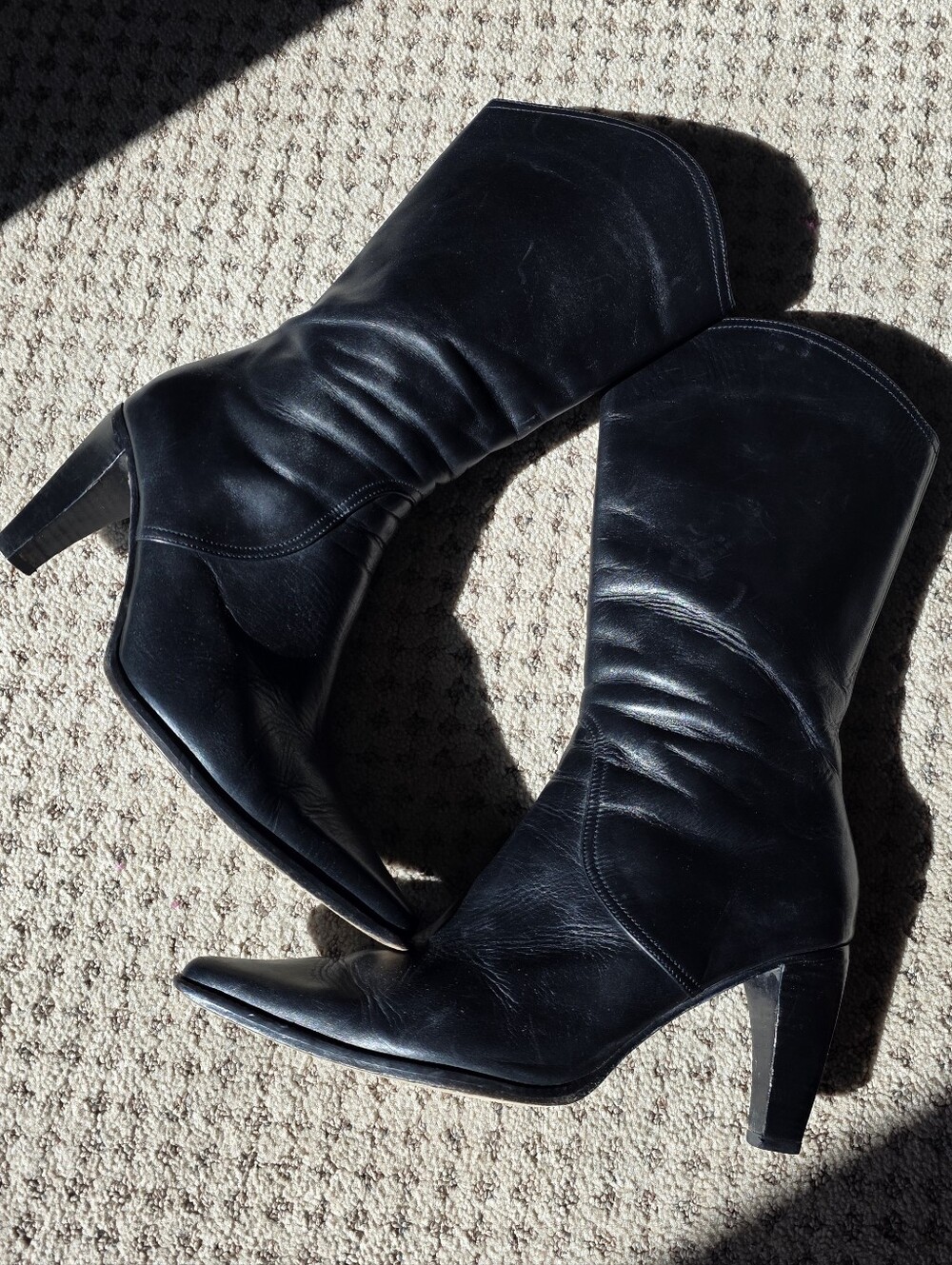 Martinelli  Classic Black Leather Mid-Calf Pointed Heeled Boots